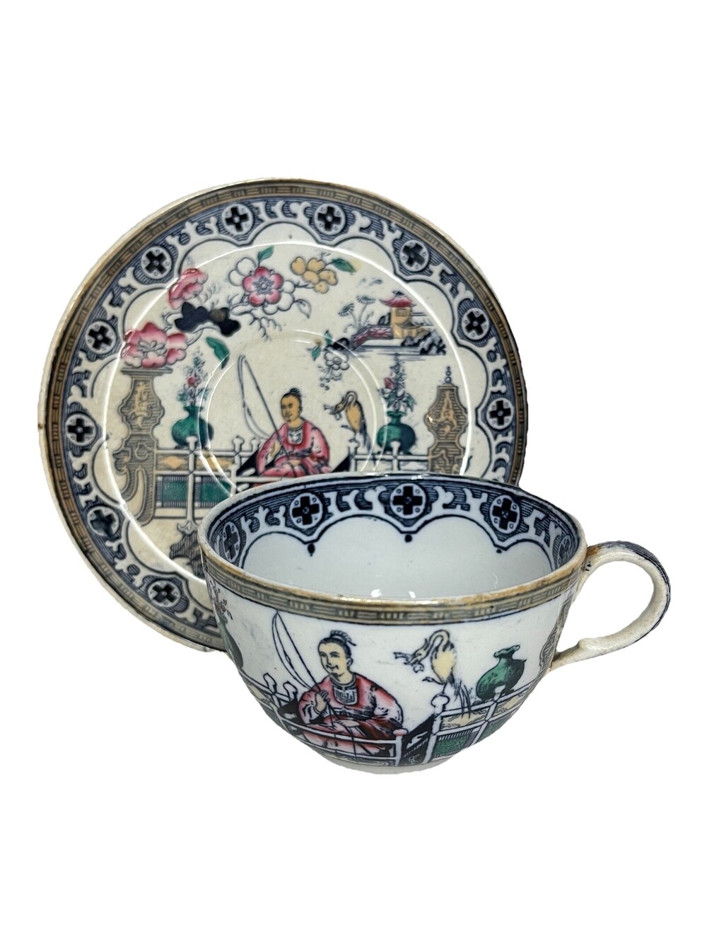 ANTQ Imperial Stone England Multicolor Penang Teacup & Saucer  18th C RARE
